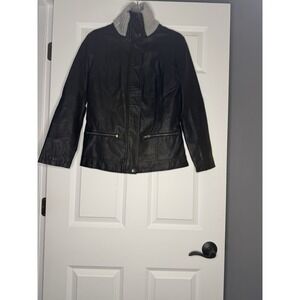 Simply Noelle Faux Leather Jacket  Gray Knit Collar XS